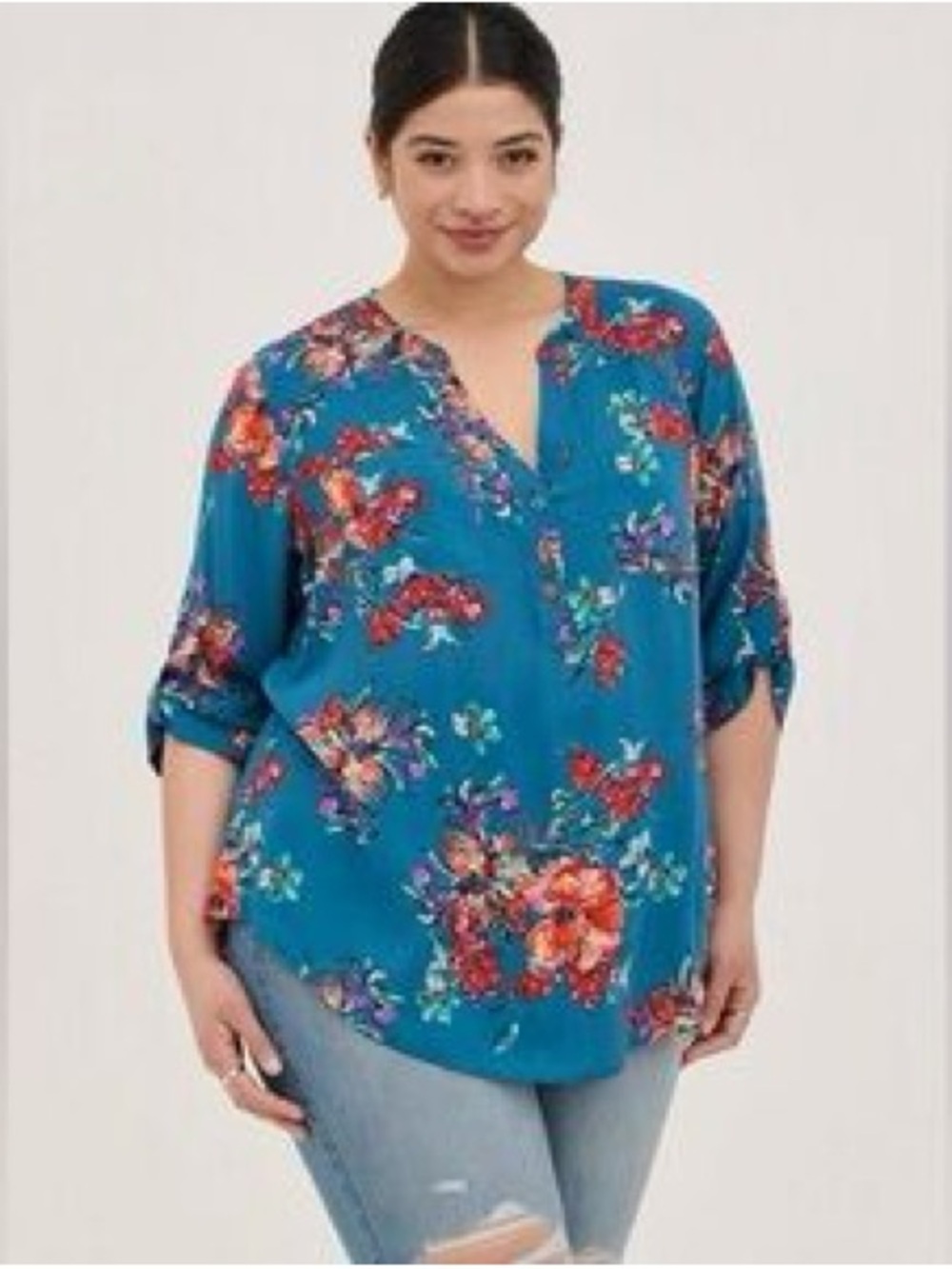 Torrid Womens Floral Rayon Challis 3/4 Sleeve Harper Blouse Blue Multi Size 3/3X